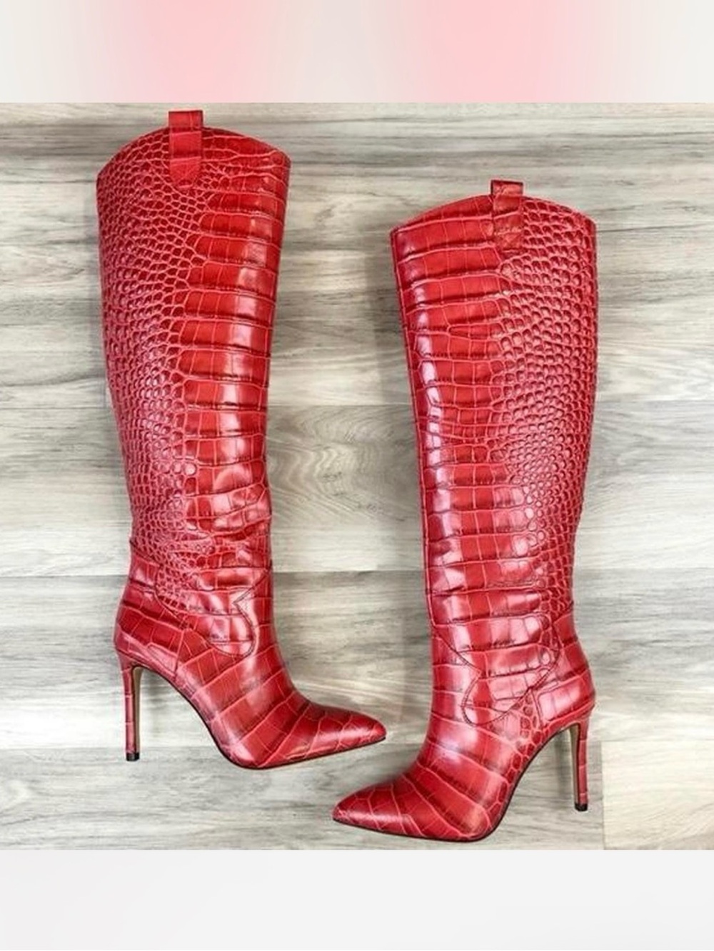 Vince Camuto Red Croc-Embossed Knee-High Stiletto Boots western